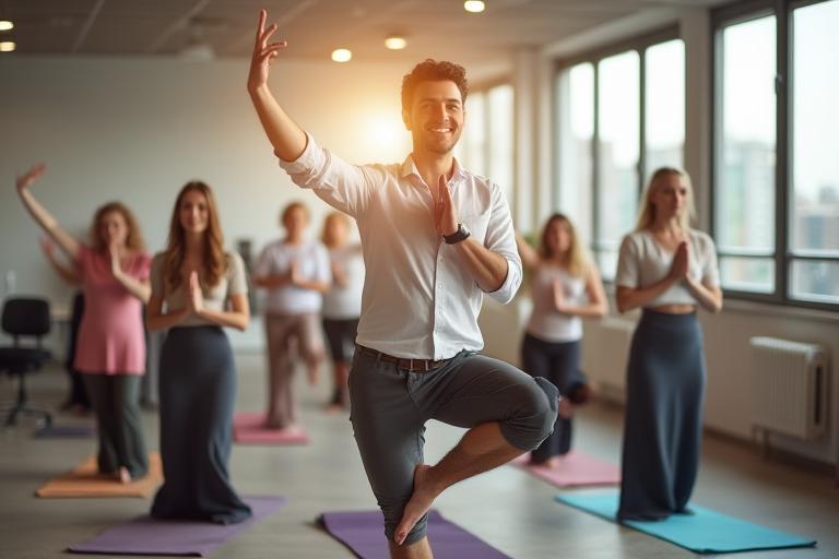 Group of colleagues practicing yoga in an office setting