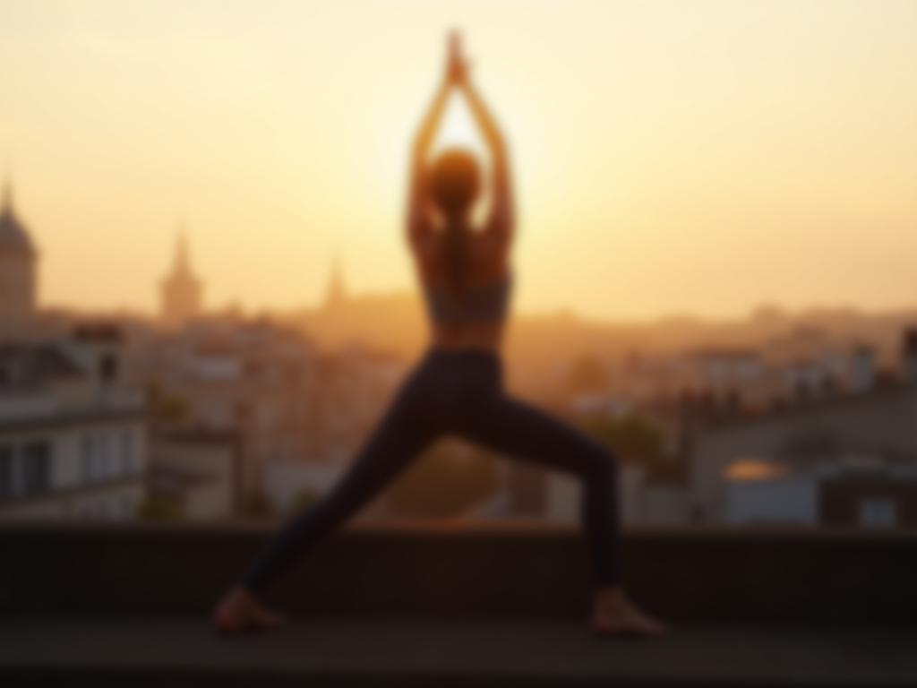 Woman in peaceful yoga pose with blurred background of Paris rooftops